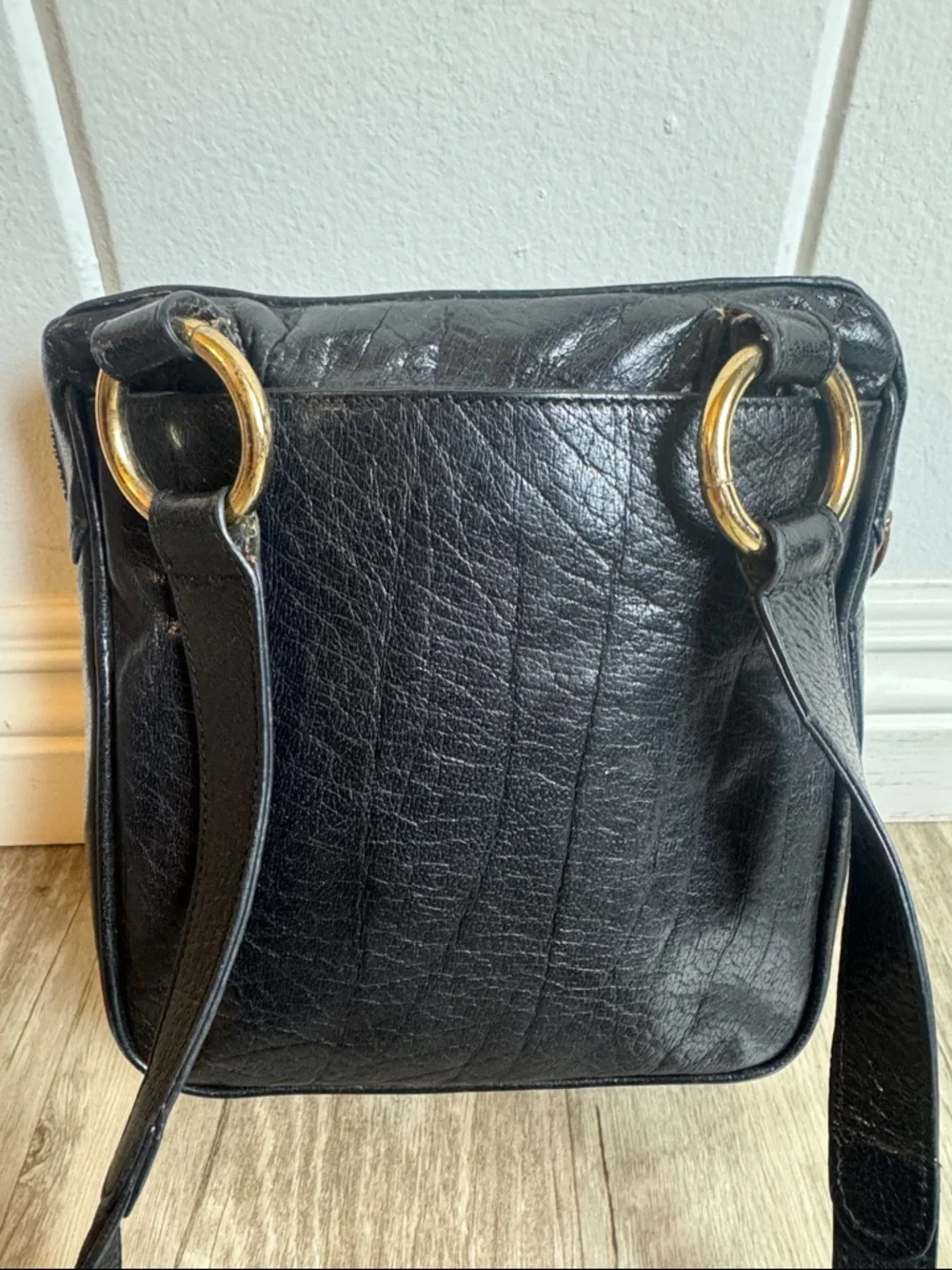 TUSK Black Leather Crossbody Bag Vintage Messenger Gold Hardware